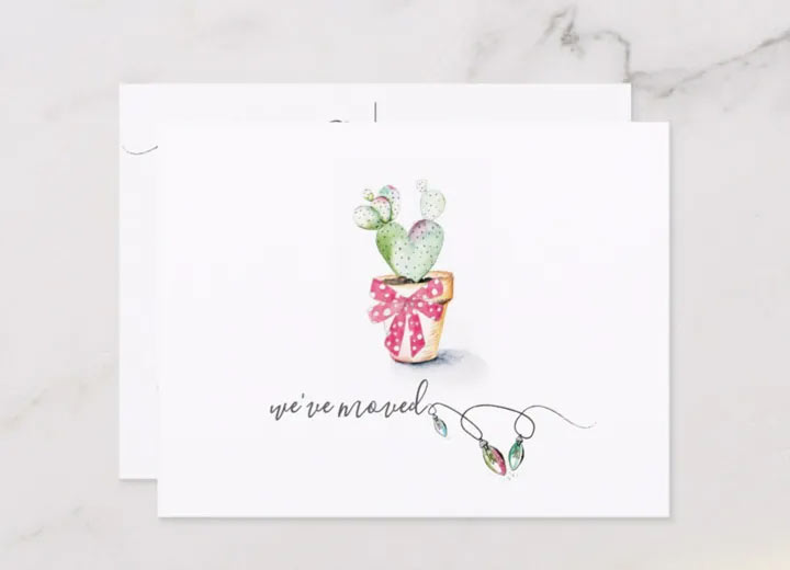 Cute Christmas moving announcement features unique watercolor cactus art by Victoria Grigaliunas