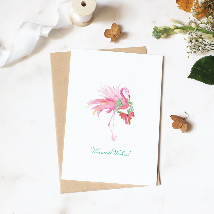 Pink Flamingo Christmas Cards with the words Warmest Wishes. Artwork and Design by Victoria Rigali 