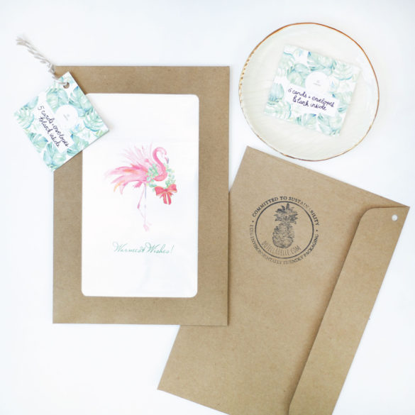 Watercolor Pink Flamingo Christmas Cards sustainably packaged in biodegradable bags.