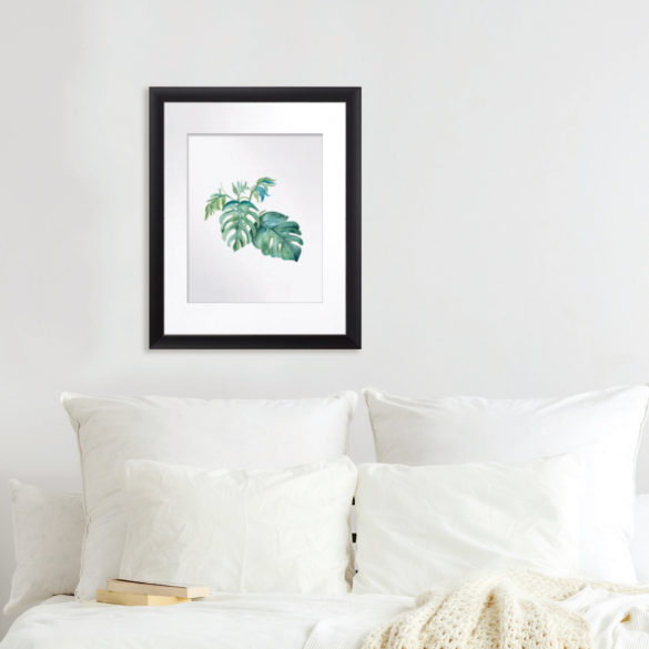 tropical watercolor monstera leaf print, framed and matted. White mat black frame.