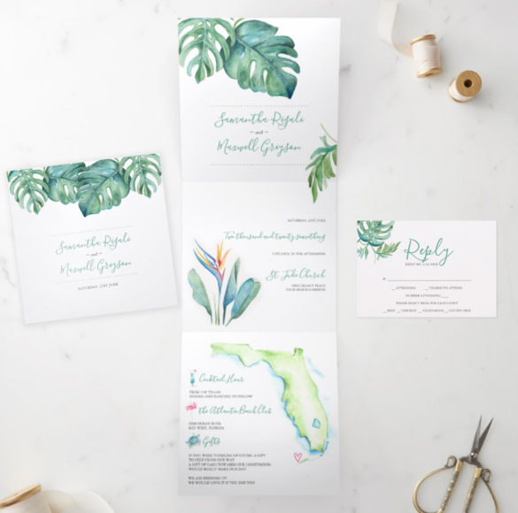 seal and send tropical custom map wedding invitation featuring my original watercolor artwork