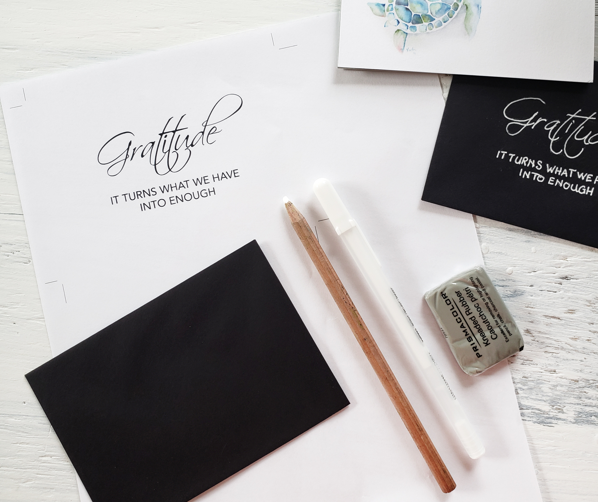 The supplies you will need to address your black or dark color envelopes with my beginner techniques for hand lettering or modern calligraphy. 