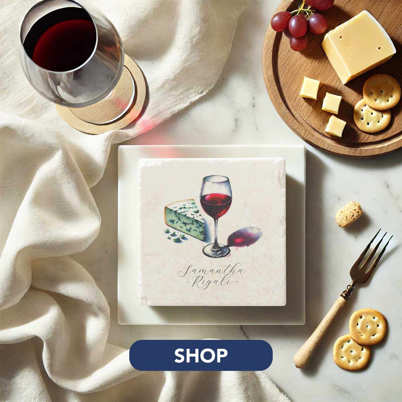 Personalized wine gifts stone coasters art and design by Victoria Grigaliunas of Do Tell A Belle