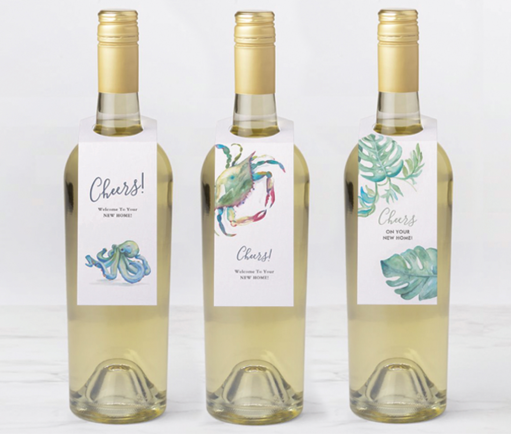 Victoria Rigali designs wine hang tags featuring watercolor art. Tropical monstera leaves, blue octopus and blue crab. Perfect for wine gifts. Shop more on Zazzle at Do Tell A Belle