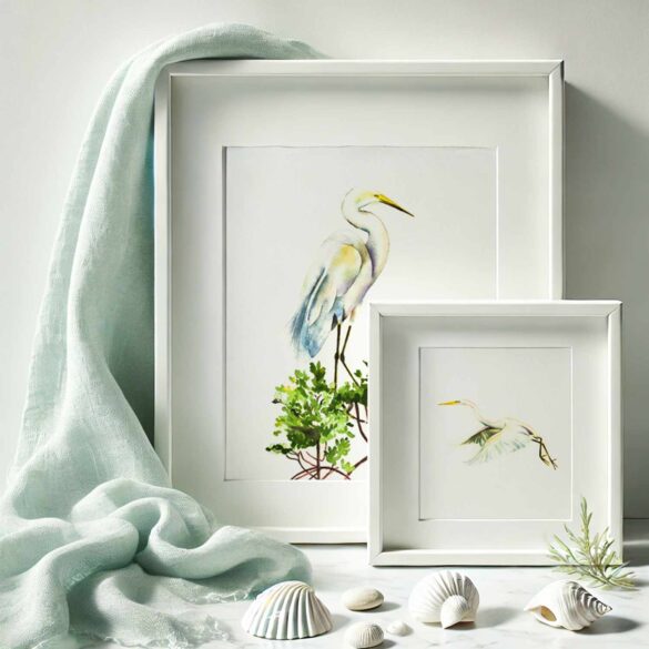 Gallery wall ideas watercolor paintings great white heron by Victoria Grigaliunas