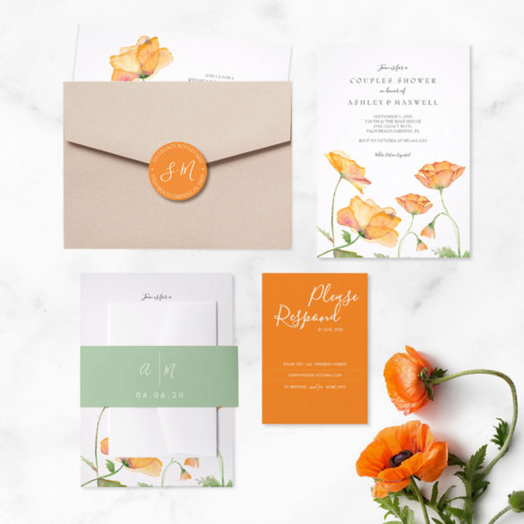 Watercolor Orange Poppies wedding stationery suite