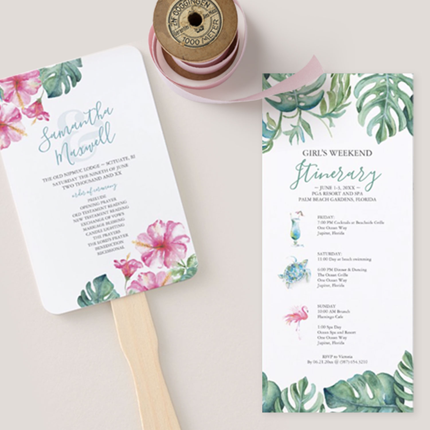 tropical wedding program fan and wedding weekend itinerary with pink hibiscus flowers and monstera palm leaves. Lots of different designs and styles to choose from. Shop Do Tell A Belle on Zazzle to see them all.