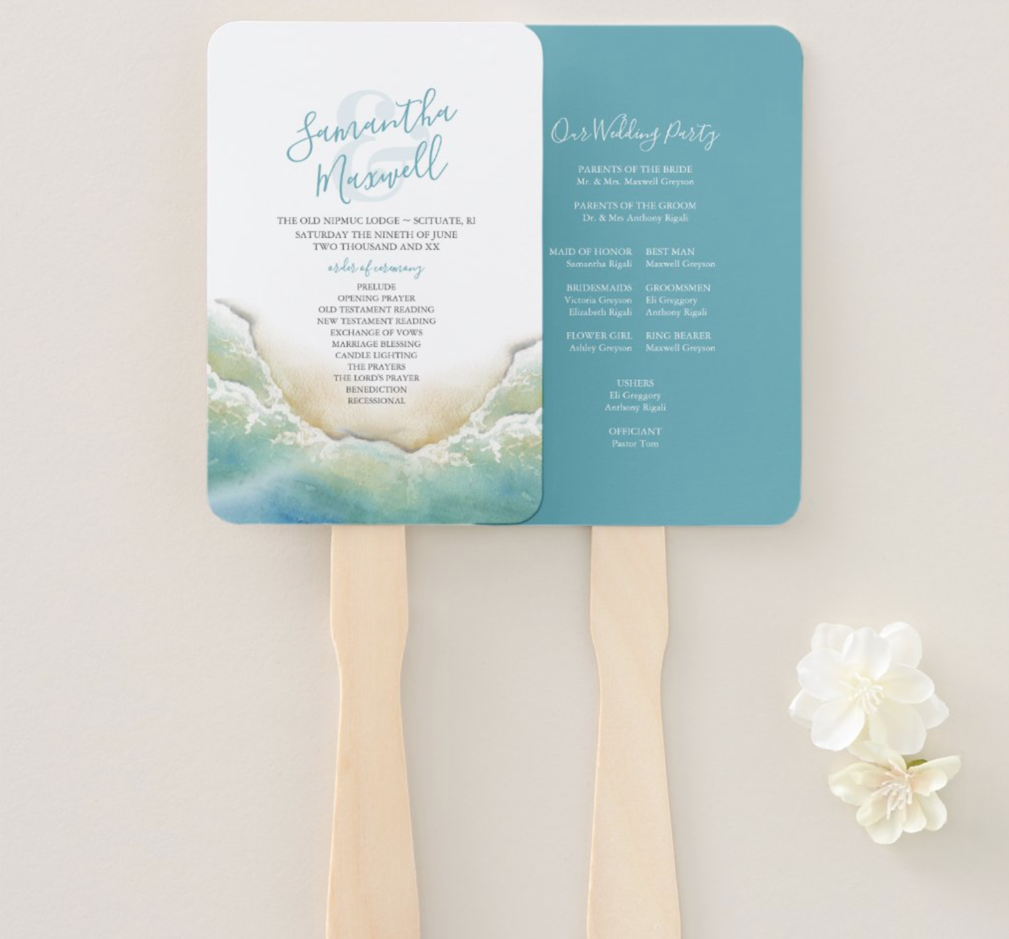 Watercolor ocean waves wedding program fan features a bottom boarder of seashore and sand with your wedding details