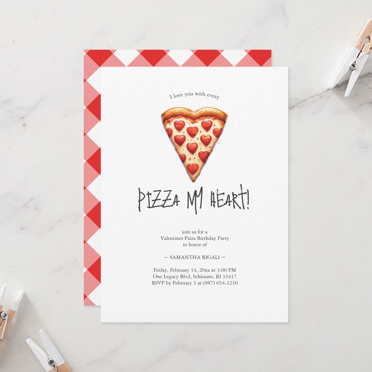 Click to shop this winter birthday party invitation for Valentines pizza party. 