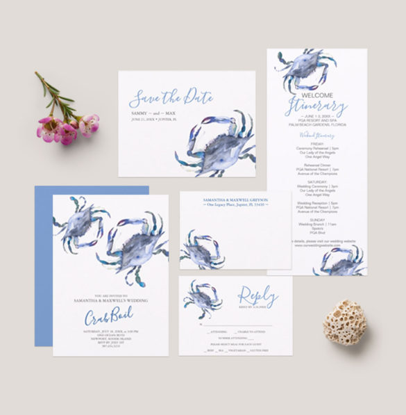 Blue watercolor crab wedding stationery suite