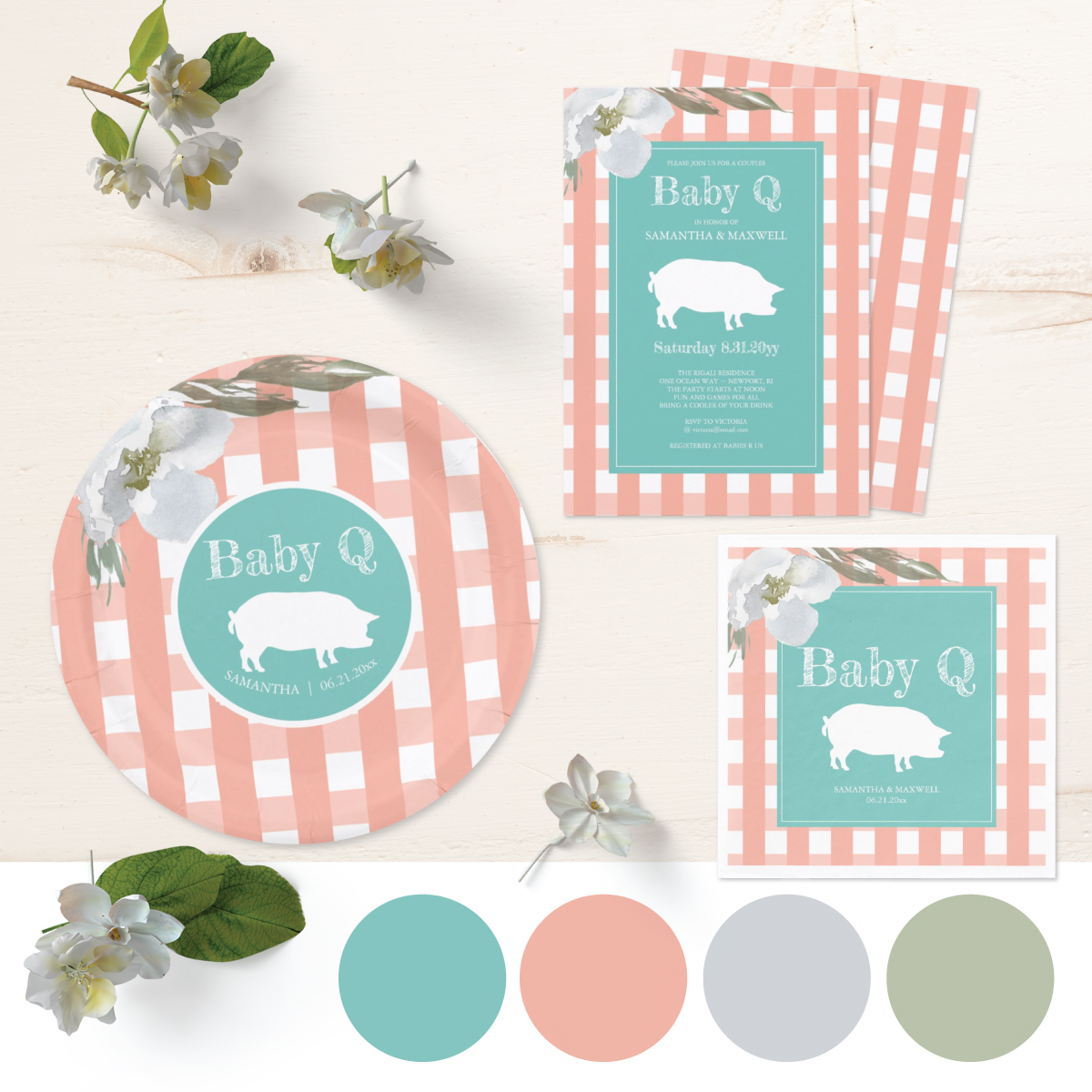 gender neutral backyard baby shower in peach and mint green for a bbq