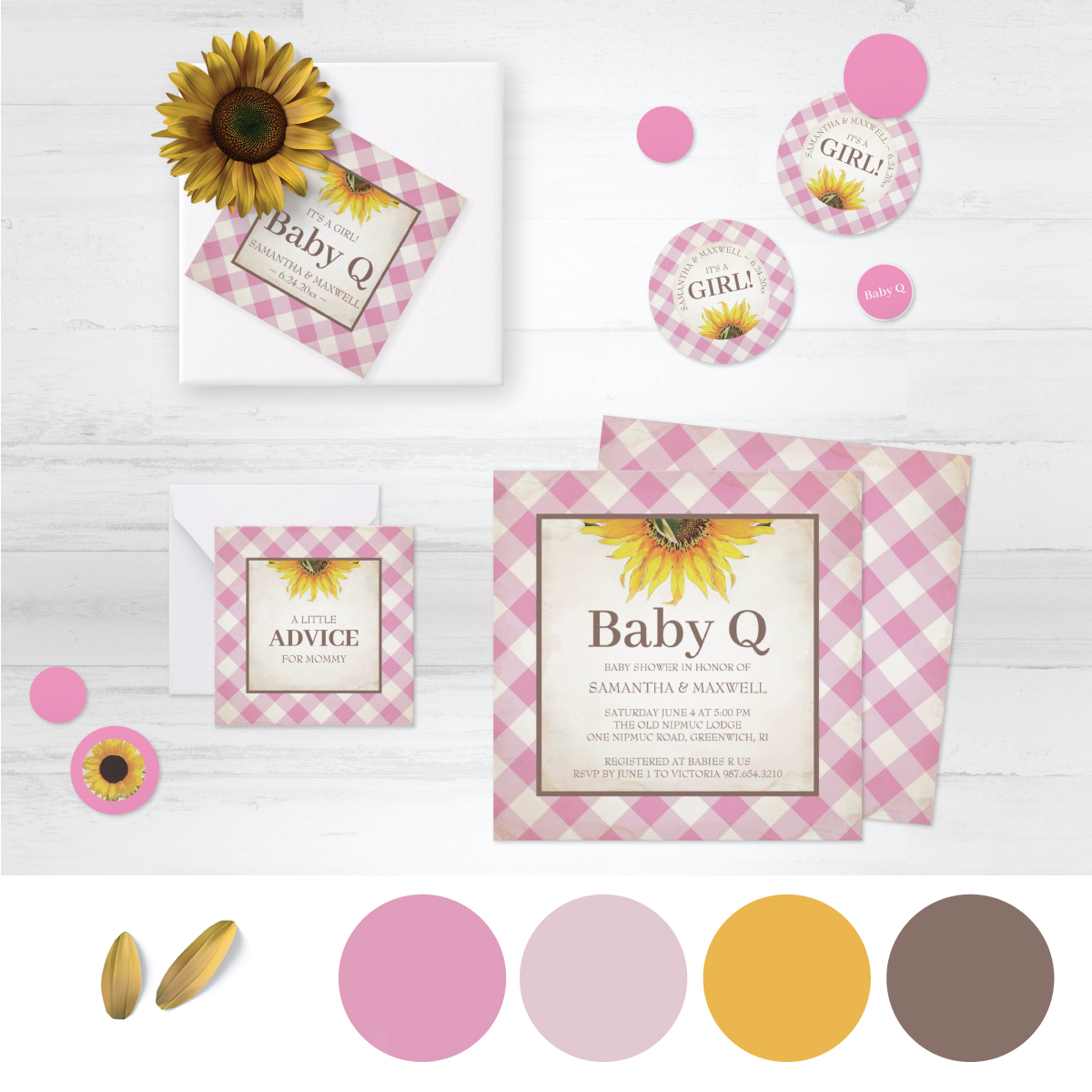 pink gingham and sunflower backyard baby shower for a bbq