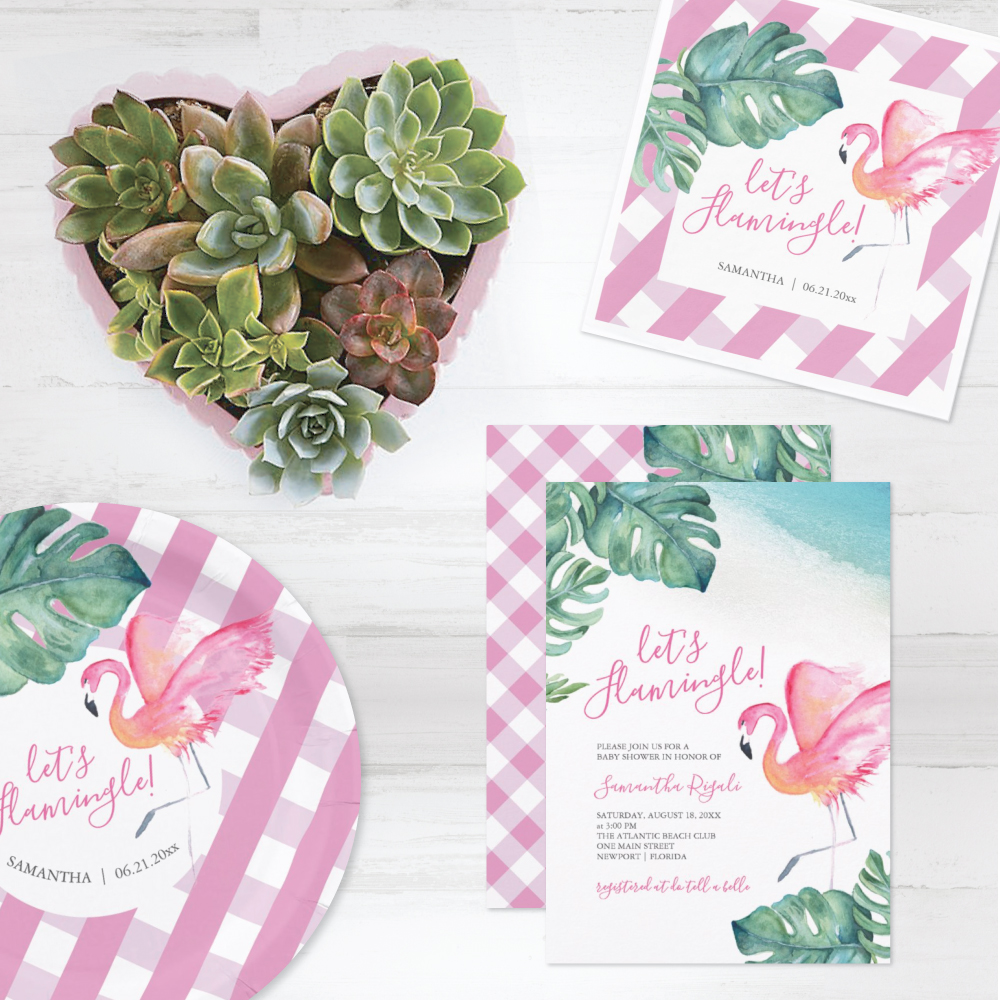 tropical backyard party theme with pink flamingo and gingham print