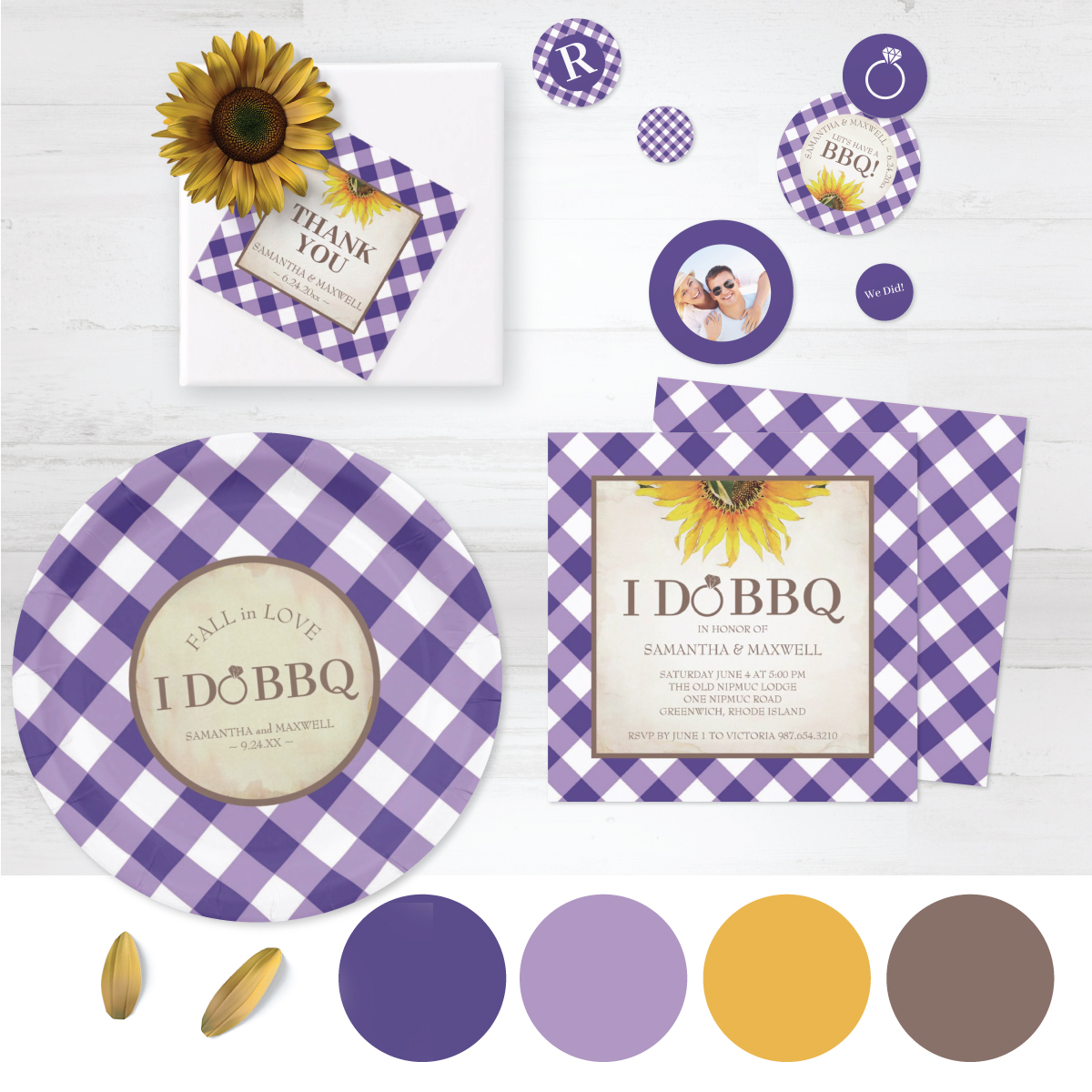 purple gingham and sunflower I do bbq color pallet and wedding stationery