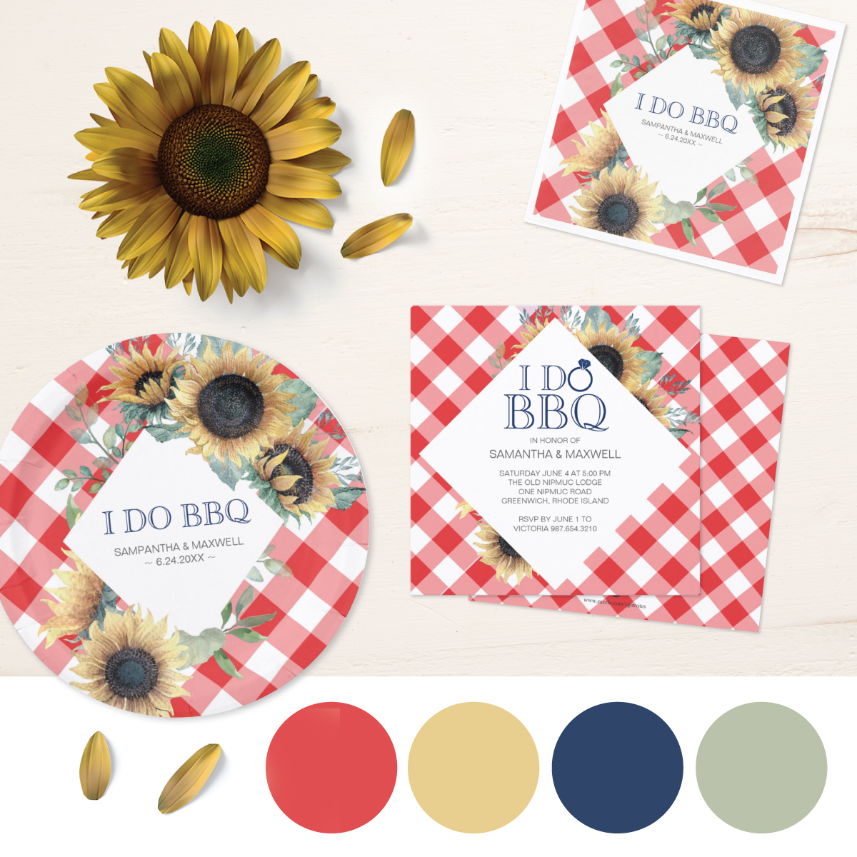 red gingham and sunflower I do bbq color pallet and wedding stationery