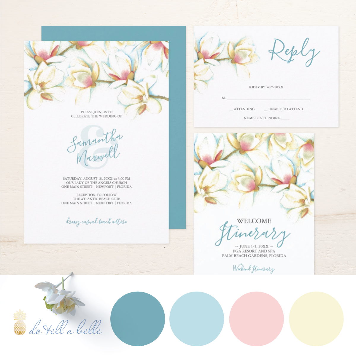 Watercolor White Magnolia Wedding Stationery Line with Color Pallet Ideas