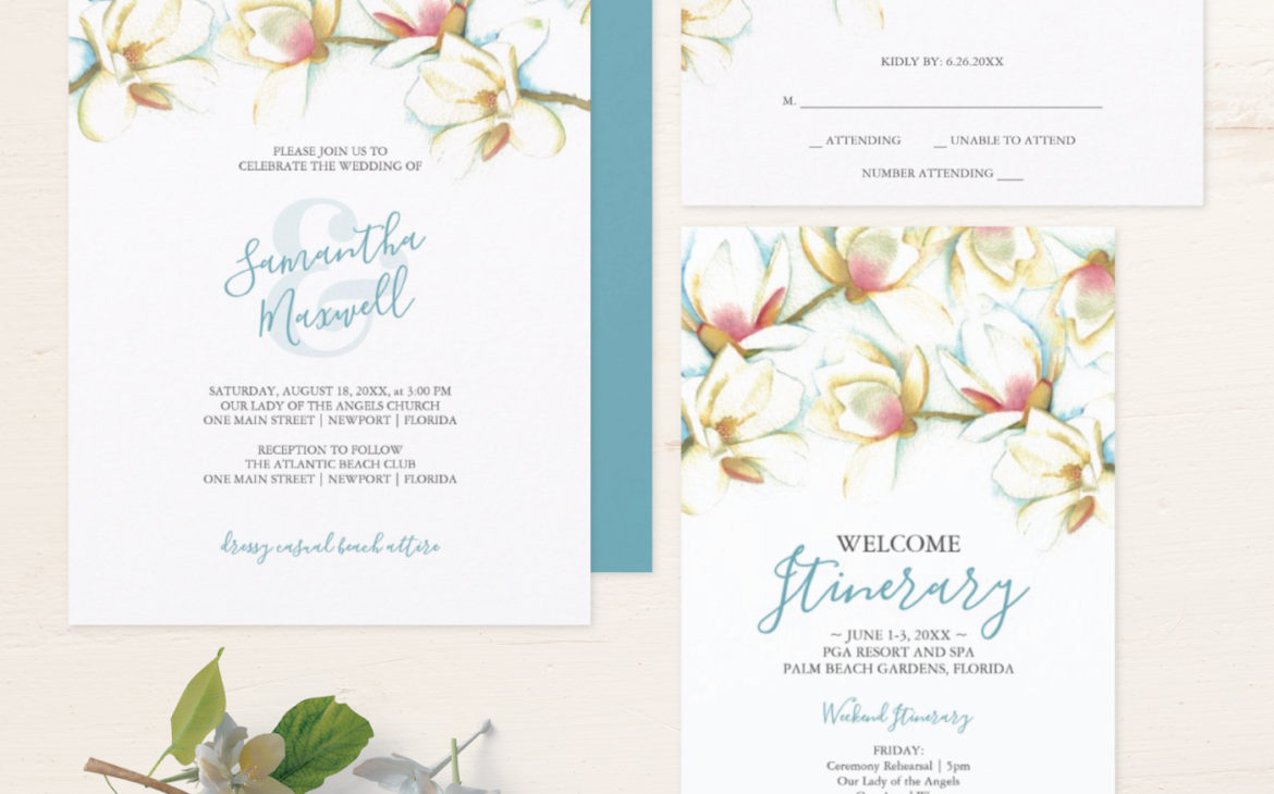 Bespoke Magnolia Wedding Invitations: Elegant Watercolor Designs by Victoria Grigaliunas