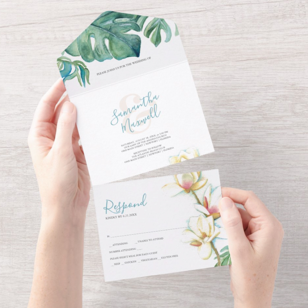 White Magnolia all-in-one wedding invitation