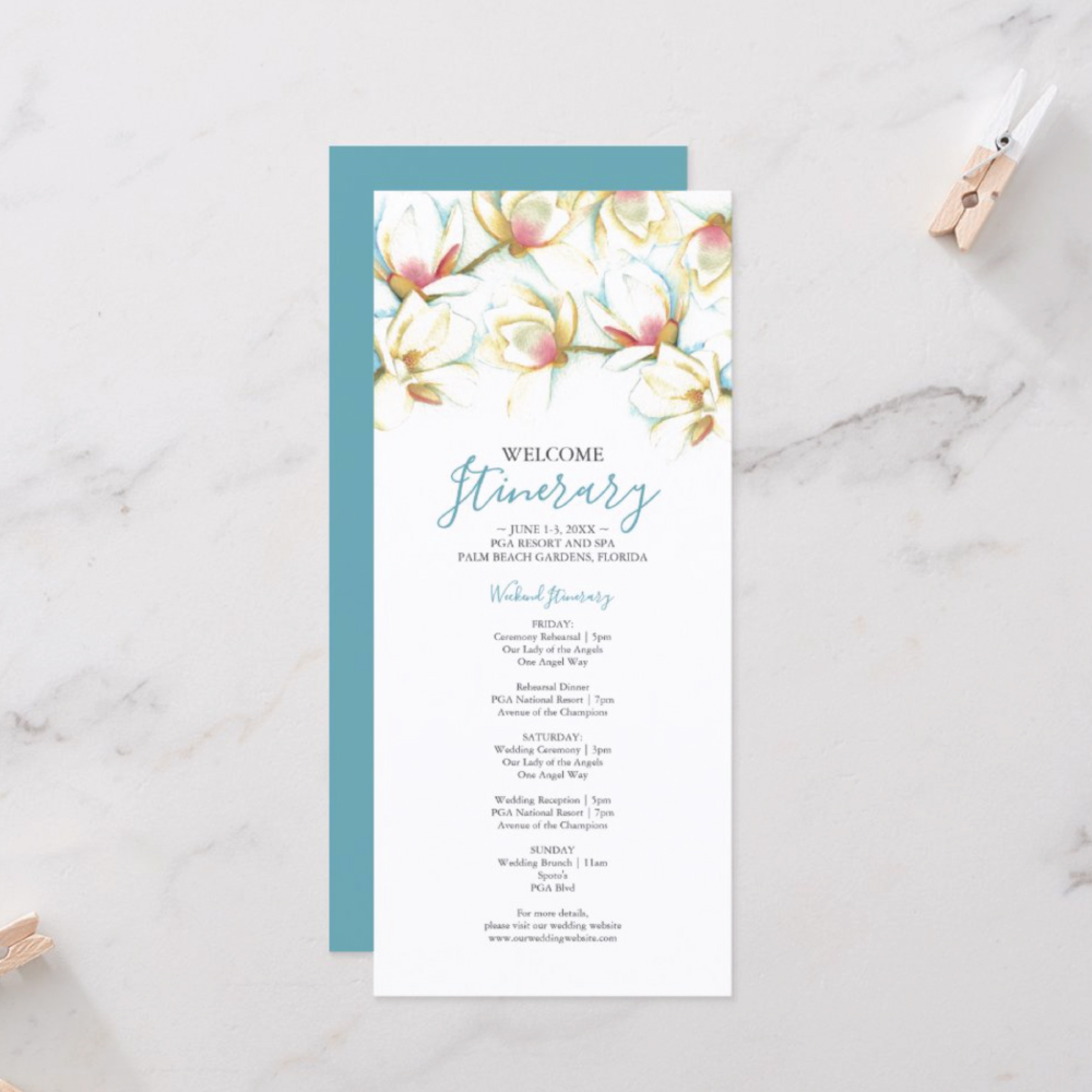 Watercolor Magnolia Flowers Tea Length Itinerary