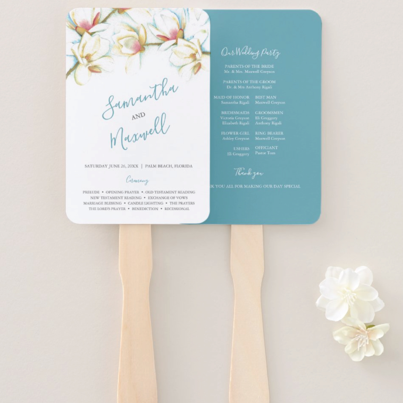 White Magnolia Wedding Program Fan