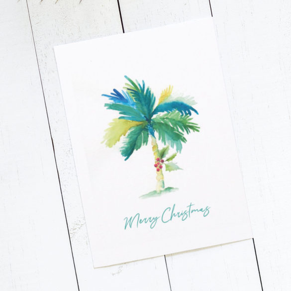 tropical palm tree christmas card featuring original watercolor art by Victoria Grigaliunas