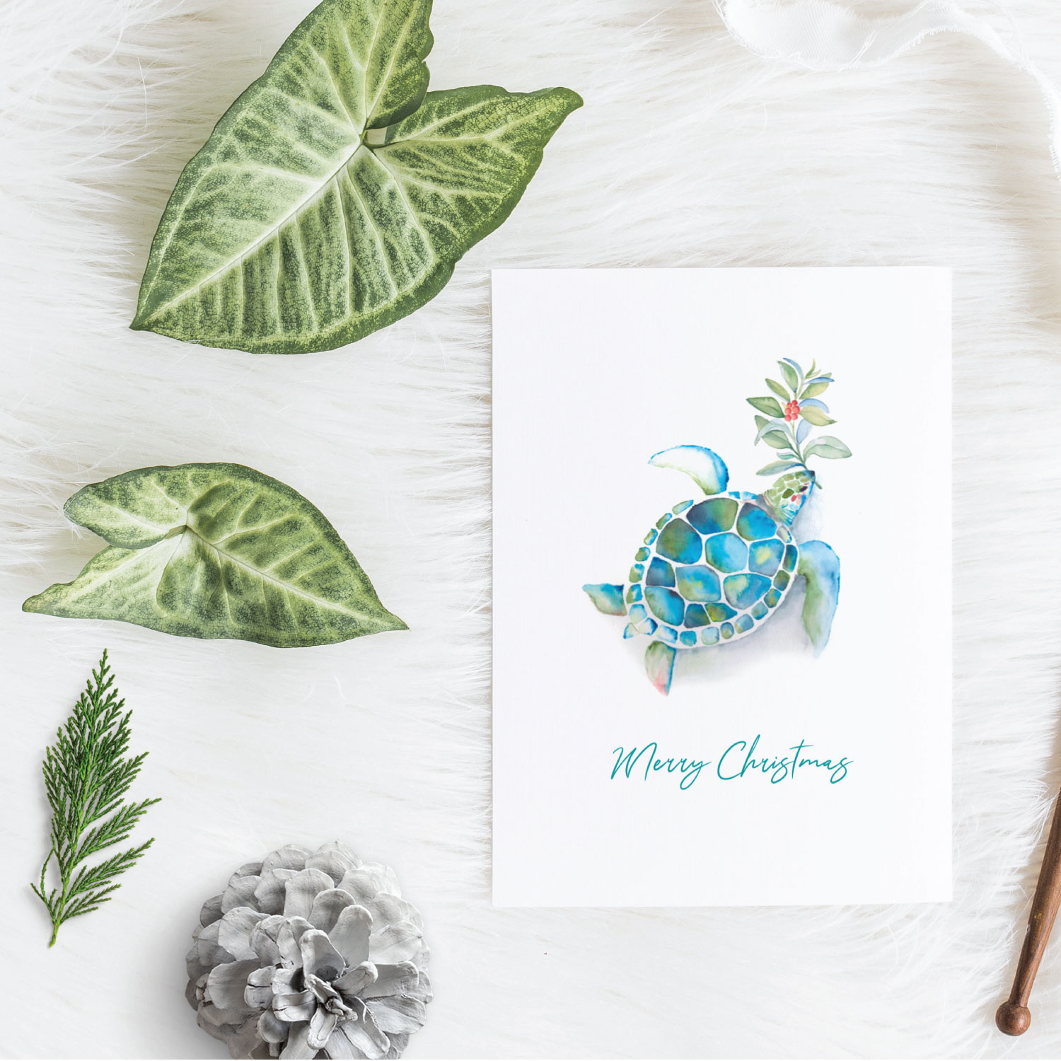 Coastal Christmas Cards on sale watercolor Sea Turtle with red berries and leaves by Victoria Grigaliunas with the words Merry Christmas