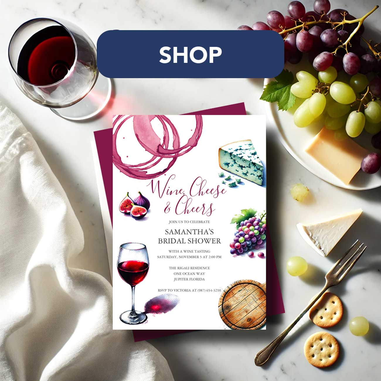 Bridal shower invitations wine and cheese tasting party theme by Victoria Grigaliunas Do Tell A Belle. Click to shop.