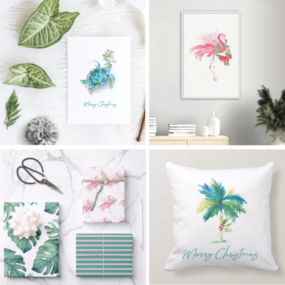 Christmas shopping guide by Victoria Grigaliunas features tropical and coastal style greeting cards, watercolor prints, wrapping paper, decor and gifts. Click to see more.