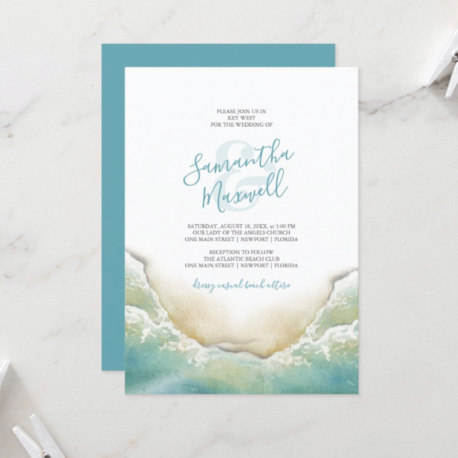 Tropical Ocean Blue Watercolor Beach Wedding Invitations