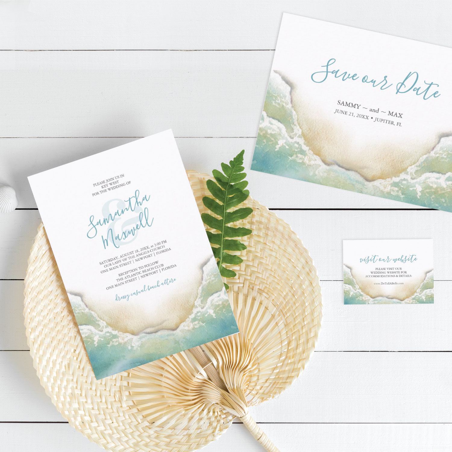 Watercolor Beach Wedding Stationery Suite by Victoria Grigaliunas of Do Tell A Belle feature a bottom boarder a replica of my original watercolor coastal shoreline.