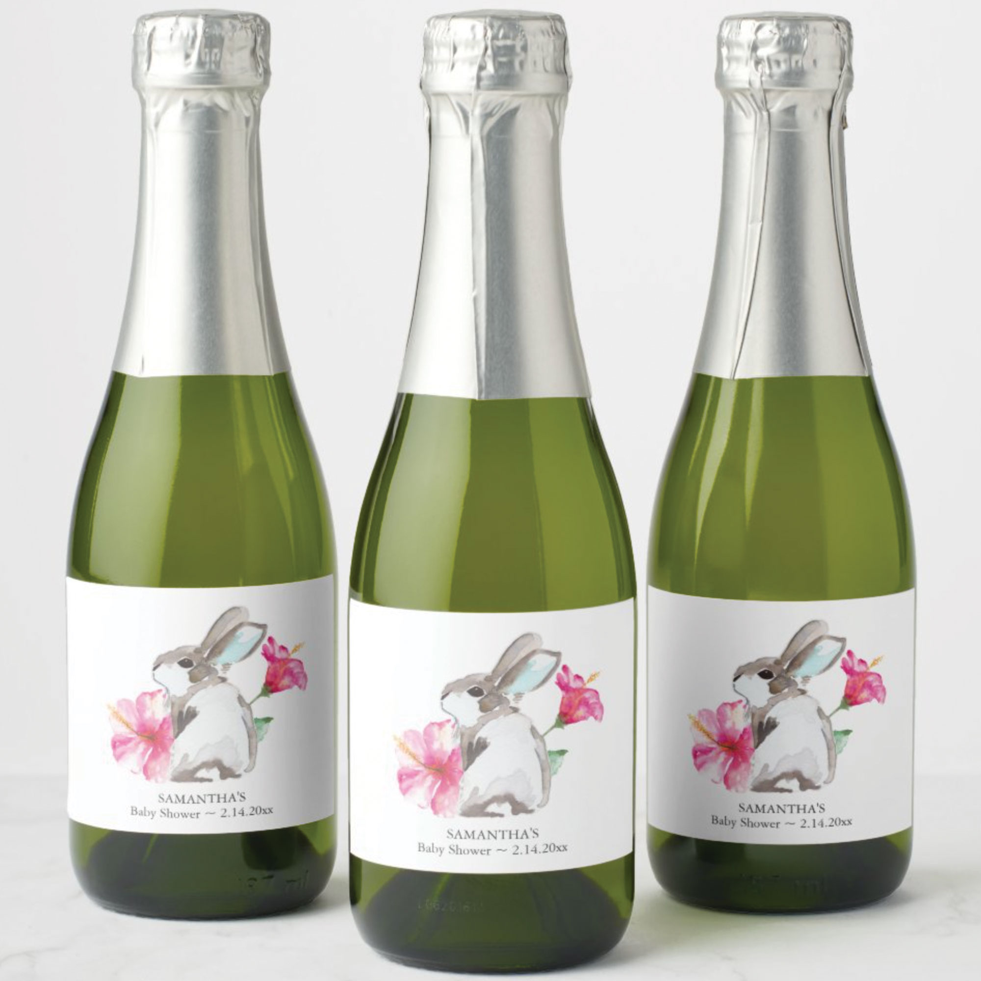 baby shower favors cute mini champagne labels with watercolor spring bunnies and pink florals