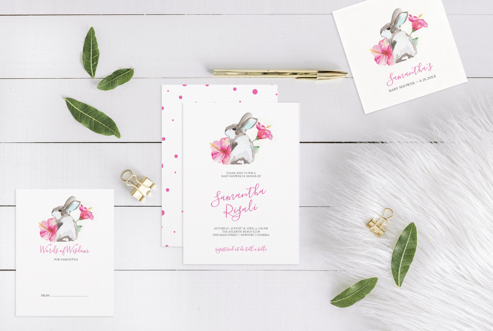 Baby shower ideas for spring featuring my bunny and pink floral theme in watercolor