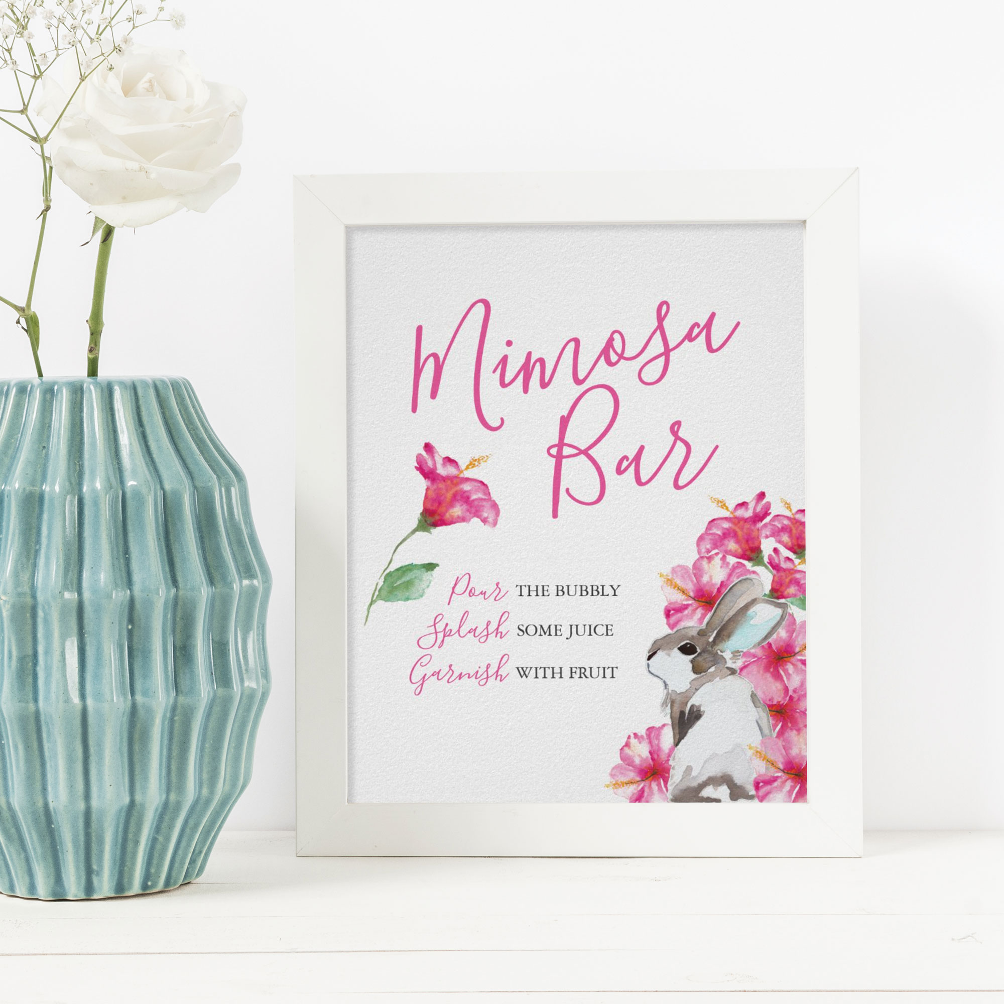 Baby Shower Decor Mimosa Bar Sign with spring watercolor bunny and pink flowers