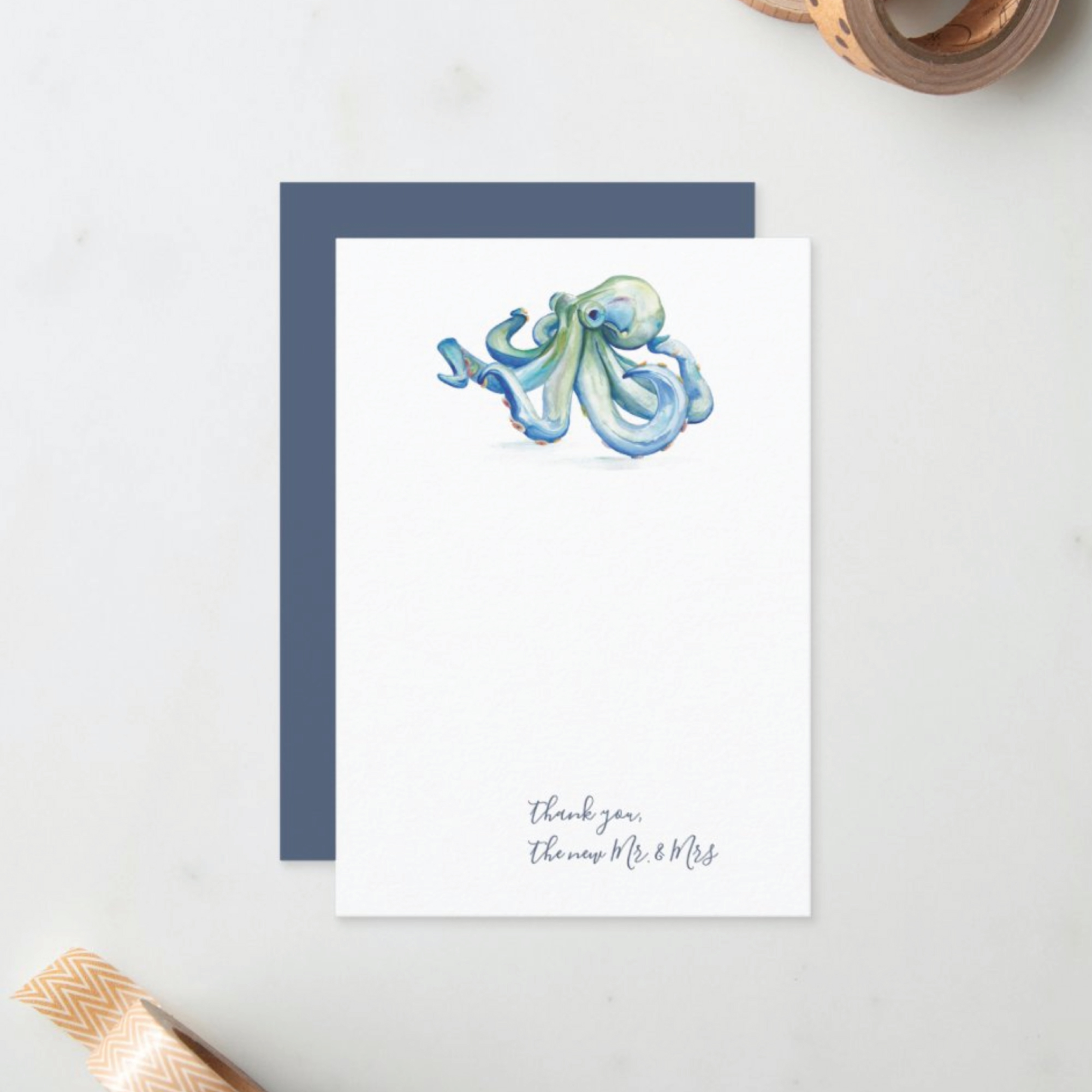 Watercolor Blue Octopus Thank You Stationery Note Card