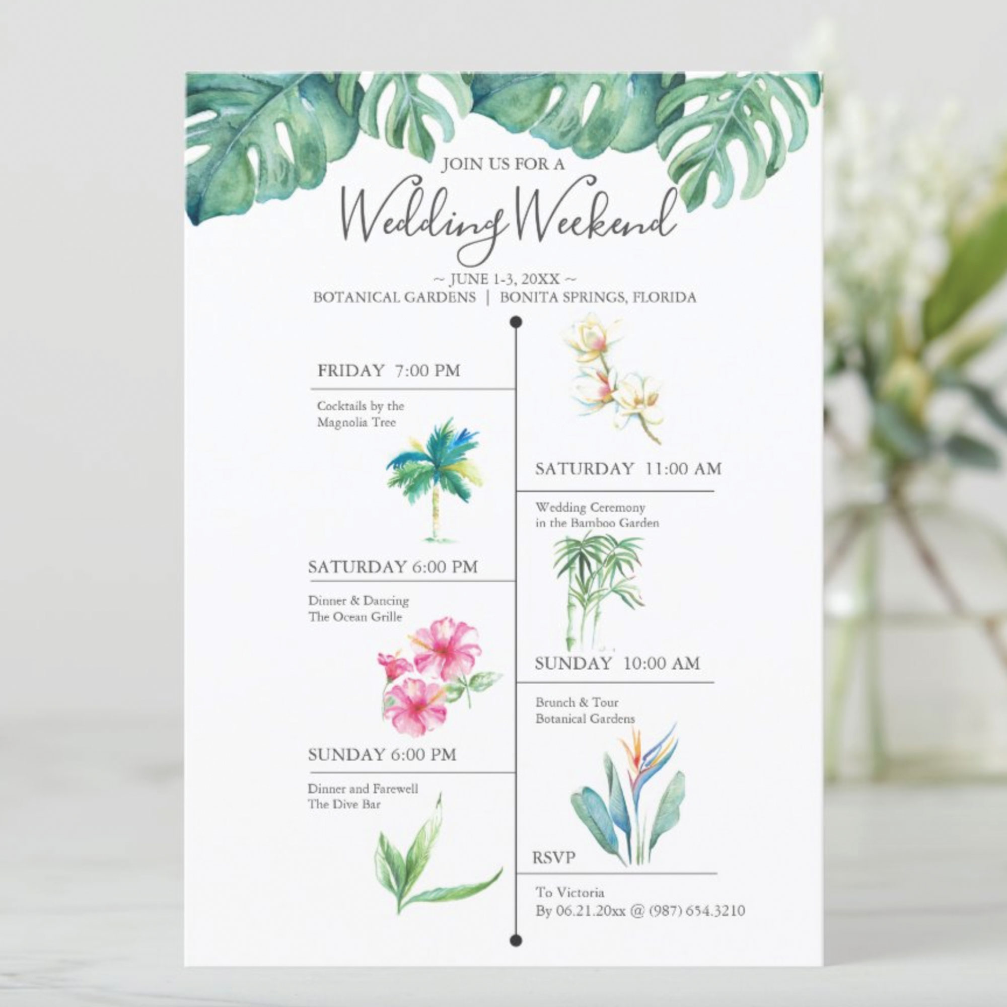 Destination Wedding Weekend Timeline featuring watercolor artwork by Victoria Grigaliunas