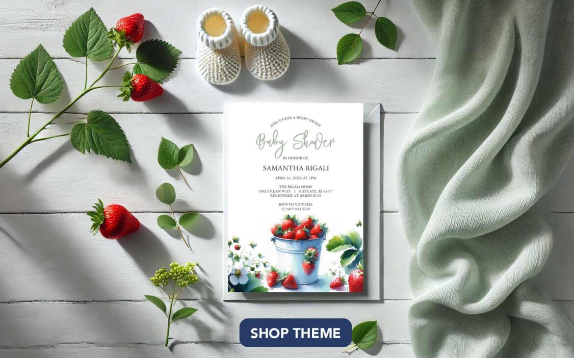 Strawberry baby shower theme features a summer invitation design on a rustic background. Click to shop this collection.