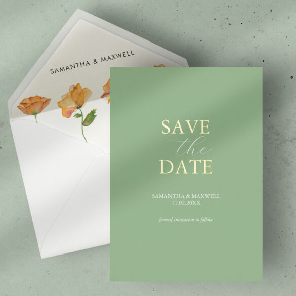 gold foil stamped save the date in sage green and watercolor orange poppies envelope liner personalized with the bride and grooms names