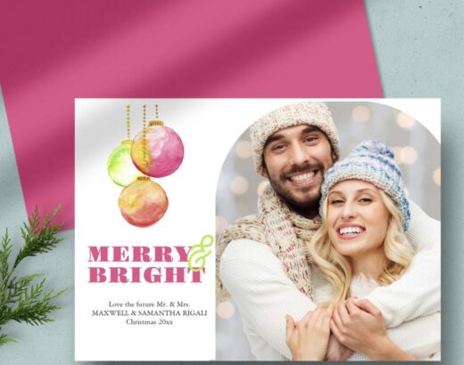 Merry & Bright Modern Photo Christmas Cards. This unique Christmas card design features my original watercolor holiday ornaments in shades of pinks, greens and red. The words "Merry & Bright" are set in a traditional serif typeface in a complimentary color on a simple white background. Customize with your wording and family, couples or pet photo in a modern arch design. The card reverses to a complimentary pinkish red color. Order as many as little or as many as you like.