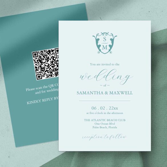 Customizable wedding invitations with monogram crest. Change the colors, type and fonts.