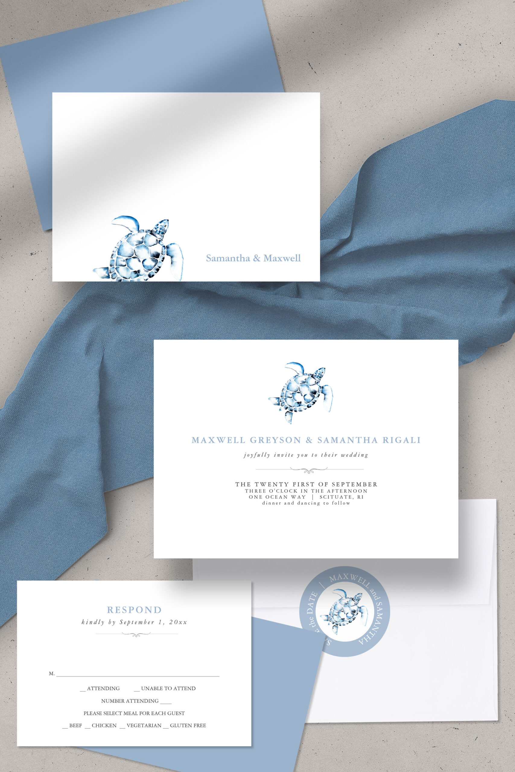 beach wedding invitation suite features a watercolor sea turtle in shades of dusty blue by Victoria Grigaliunas