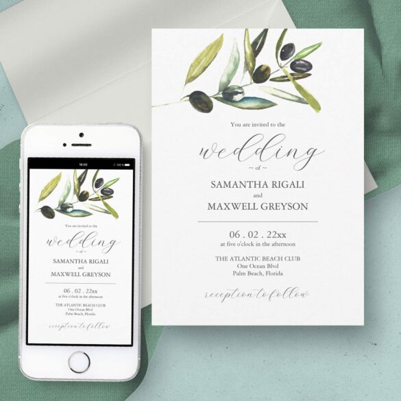 wedding invitation digital download watercolor botanical greenery olive branch