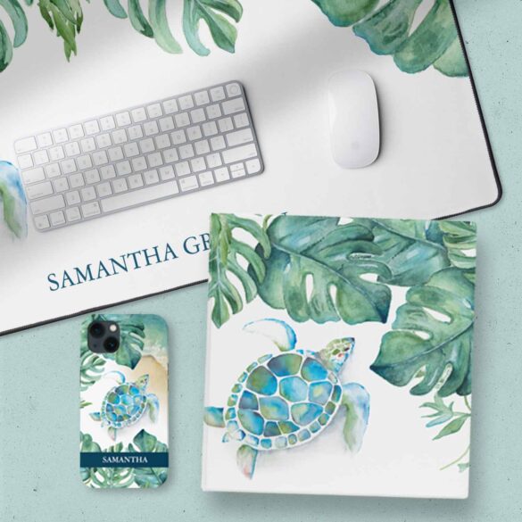 Stylish back to school essentials feature tropical watercolor sea turtle art by Victoria Grigaliunas. Shown here is a binder, desk mat and iPhone case