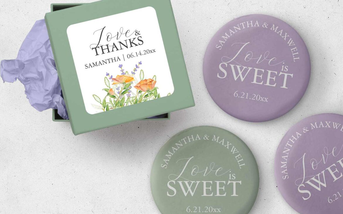 Wildflower bridal shower favors wedding stickers and love is sweet custom cookies in lavender and sage green.