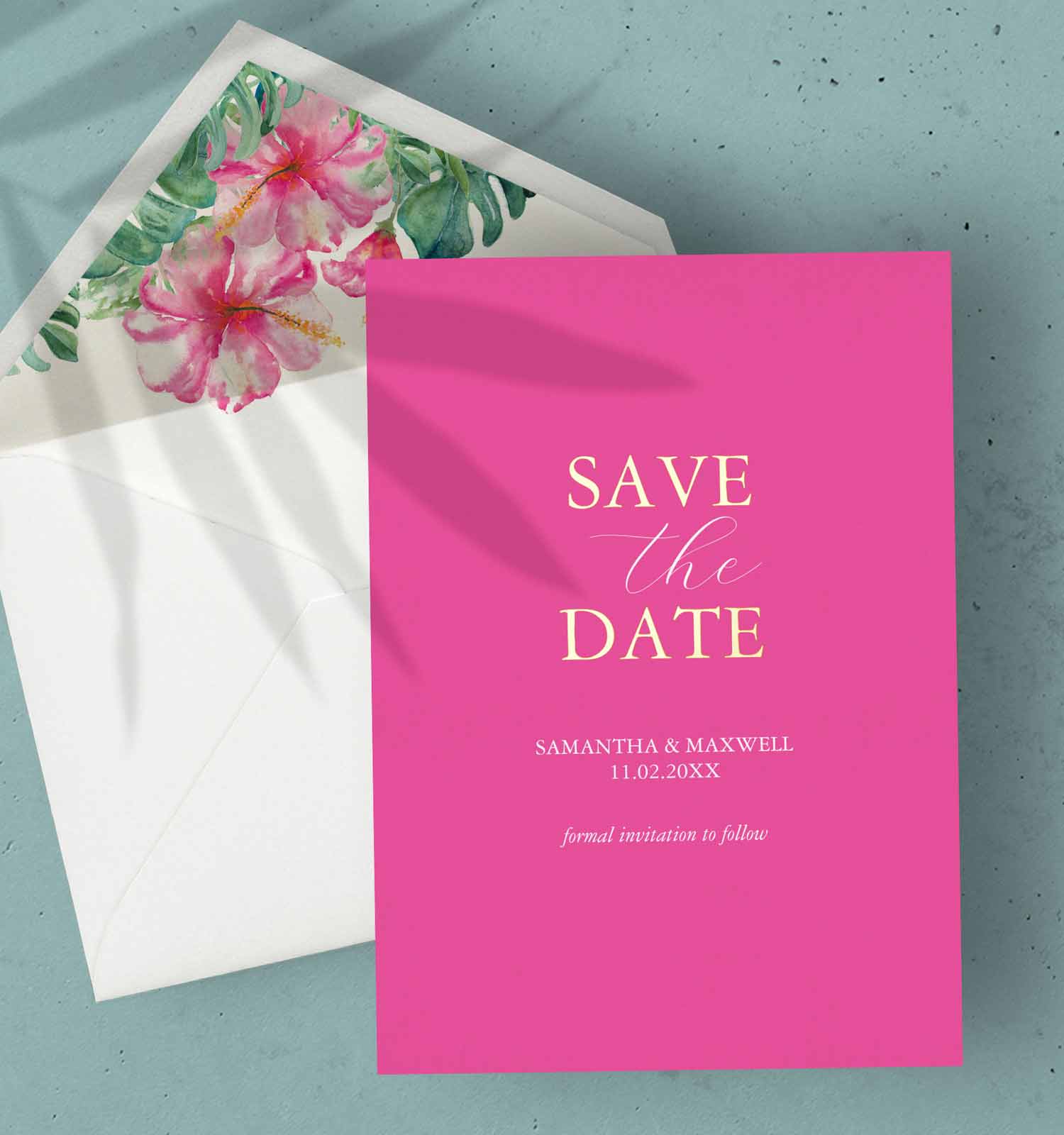 magenta wedding invitation. unique tropical watercolor art by Victoria Grigaliuas of Do Tell A Belle