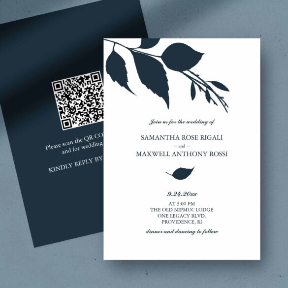 Sustainable wedding ideas. Navy Blue botanical invitation with QR code.