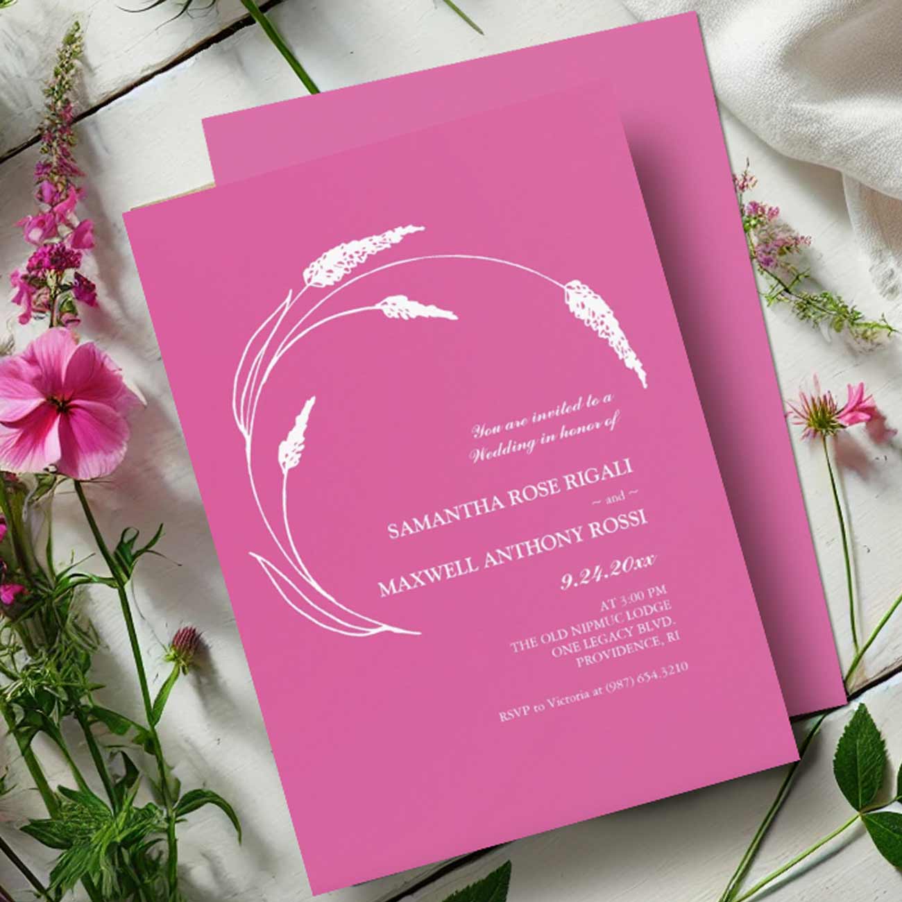 Bold pink wedding invitation suite by Victoria Grigaliunas of Do Tell A Belle. Click to explore more. 