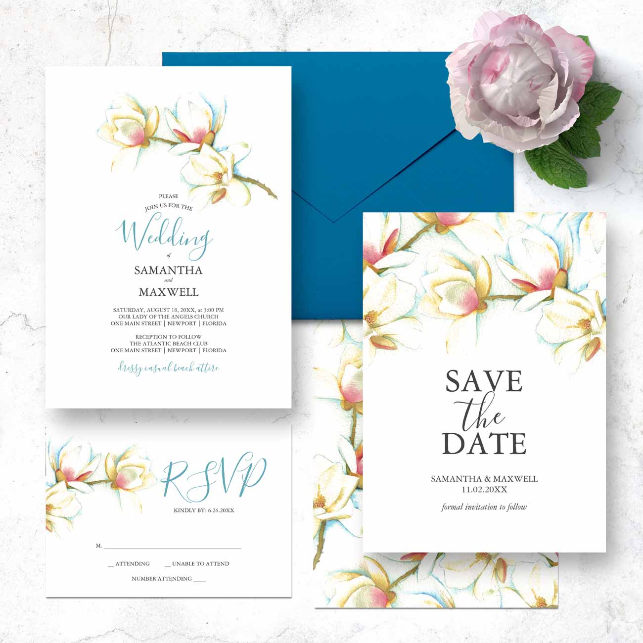 Click to shop this classy wedding invitation theme featuring watercolor white flowers by Victoria Grigaliunas of Do Tell A Belle