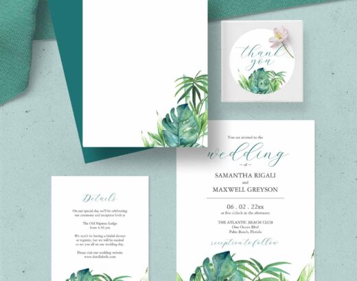 destination wedding invitation ideas for tropical wedding theme features unique watercolor art by Victoria Grigaliunas