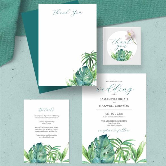 destination wedding invitation ideas for tropical wedding theme features unique watercolor art by Victoria Grigaliunas