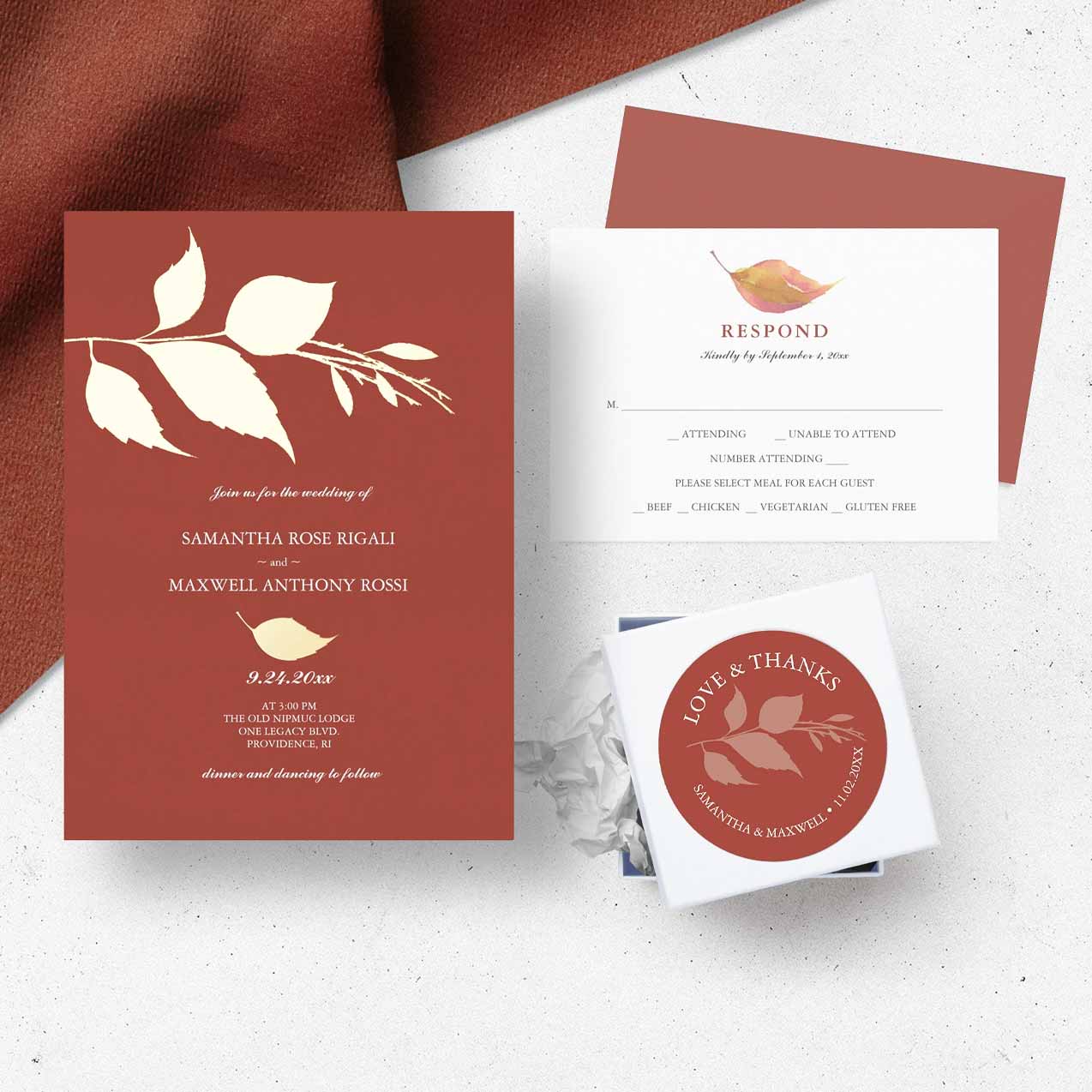 Fall wedding invitations orange leaves. Click to shop.